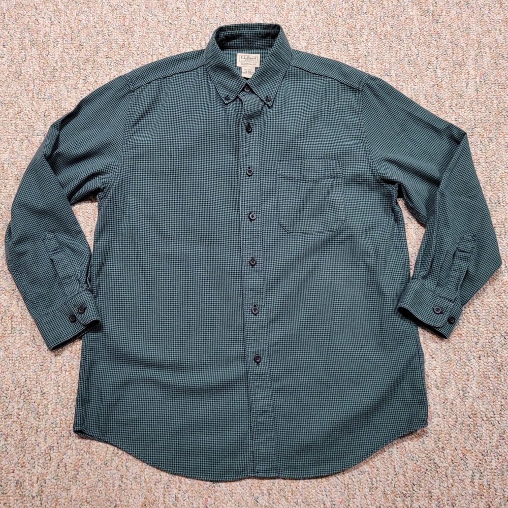 LL Bean Shirt Mens Medium Green Houndstooth Traditional Fit Button Down Outdoors - Picture 1 of 13